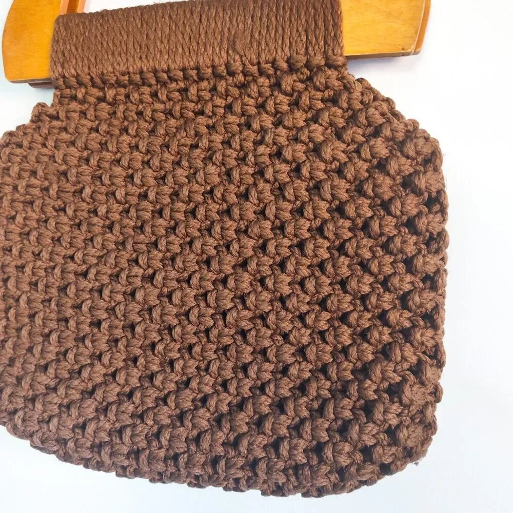 Vintage Crochet Knit Bag Wooden Handles‎ Chic Brown Cottagecore Boho Handmade